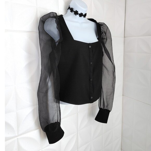 Cropped Organza Puff Sleeve Blouse Black Square Neck Button Front M L Nasty Gal - Picture 4 of 9